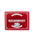 Red gift tin of Beer & Bourbon Liquor Nuts featuring assorted gourmet nuts infused with stout, lager, and bourbon flavors.