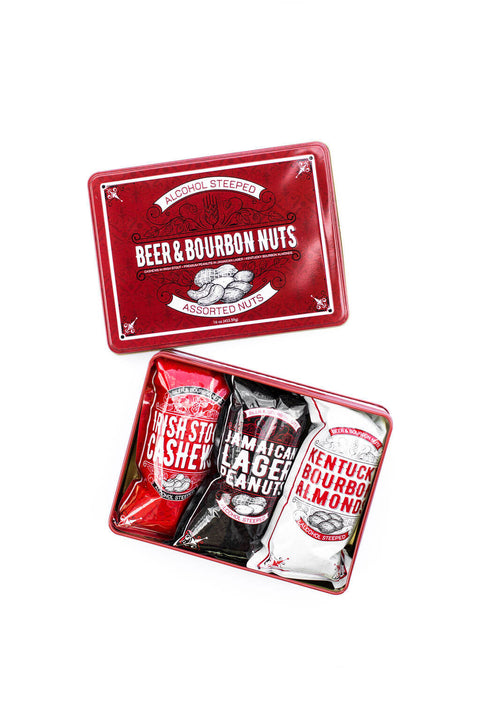 Beer and Bourbon Liquor Nuts Gift Tin with Irish Stout Cashews, Jamaican Lager Peanuts, and Kentucky Bourbon Almonds.