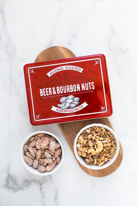 Beer & Bourbon Nuts Gift Tin with Gourmet Assorted Nuts in Bowls on Wooden Tray