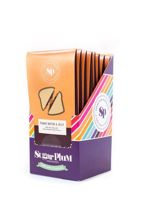 Nostalgic Chocolate Bars 6-Pack in Peanut Butter & Jelly Flavor by Sugar Plum Chocolates in display box