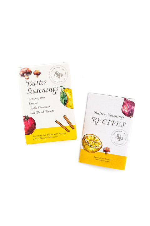 "Butter Seasonings 4-Flavor Spice Pack and Recipe Booklet with Lemon Garlic and Apple Cinnamon"