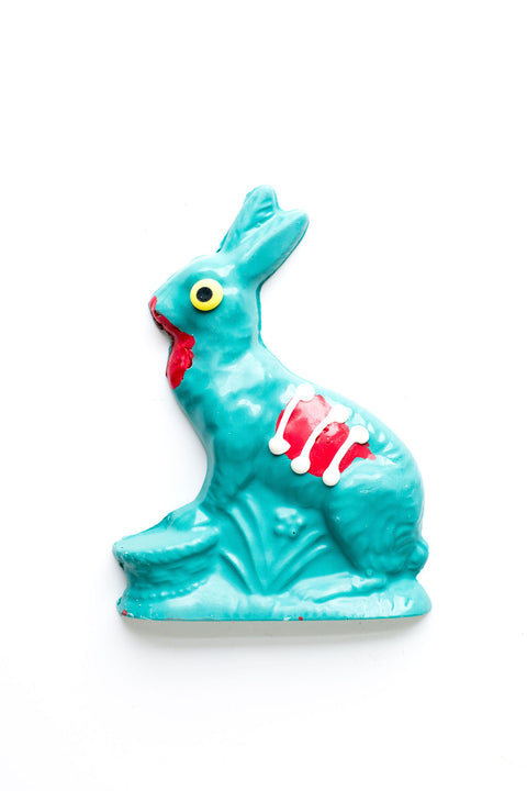 Handcrafted chocolate zombie bunny with red detailing for Halloween or Easter candy gift.