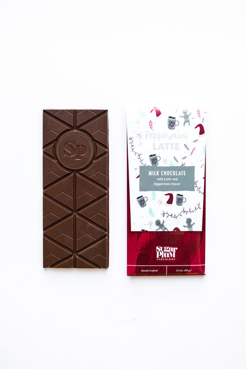 Peppermint Latte Chocolate Bar by Sugar Plum, featuring milk chocolate with coffee and peppermint, perfect for holiday gifting.