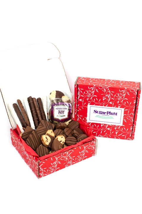 Chocolate and Chips Gourmet Gift Box with assorted hand-dipped treats, including chocolate-covered cookies, pretzels, and potato chips.
