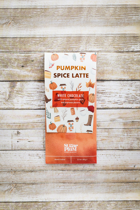 Pumpkin Spice Latte White Chocolate Bar with Cozy Fall Designs on Wooden Background