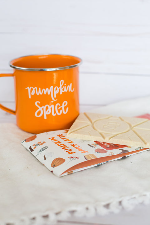 Pumpkin Spice Latte White Chocolate Bar with Orange Mug