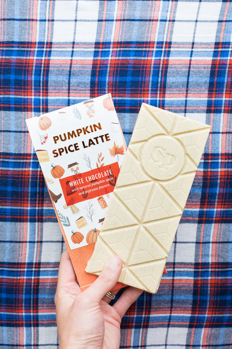 Pumpkin Spice Latte White Chocolate Bar with Fall-Themed Packaging on Plaid Background