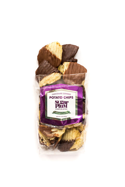 Chocolate-covered potato chips in 8 oz bag, featuring a mix of milk and dark chocolate, handcrafted sweet and salty snack from Sugar Plum.