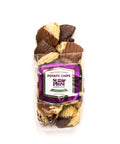 Chocolate-covered potato chips in 8 oz bag, featuring a mix of milk and dark chocolate, handcrafted sweet and salty snack from Sugar Plum.