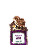 Gourmet sugar plum chocolate-covered popcorn pack with milk and dark chocolate, sweet and salty snack.