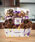 Chocolate Mountain Gift Basket by Sugar Plum with handcrafted chocolate-covered snacks, perfect for holidays and special occasions.