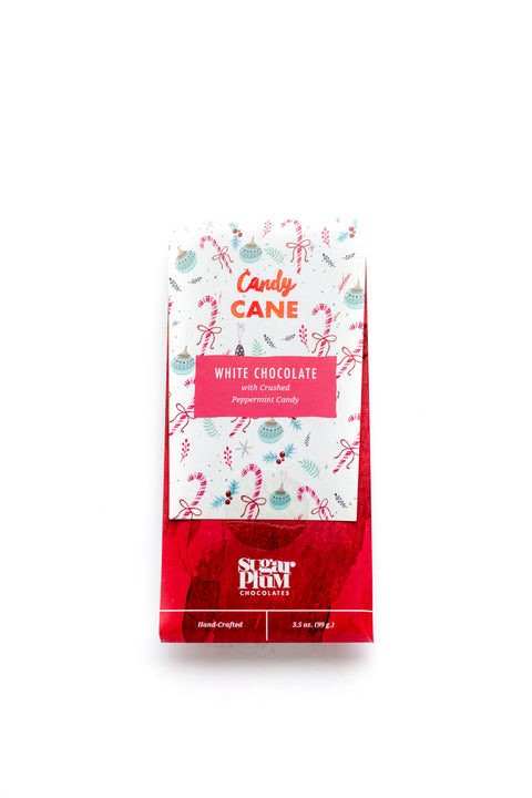 "Candy Cane White Chocolate Bar with Crushed Peppermint, 3.5 oz by Sugar Plum, festive packaging for holiday gifting"