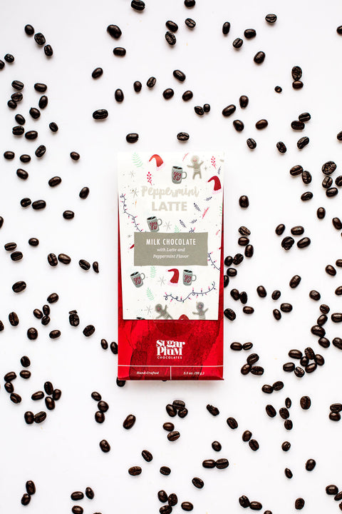 Peppermint Latte Milk Chocolate Bar with coffee beans, festive holiday packaging, handcrafted by Sugar Plum.