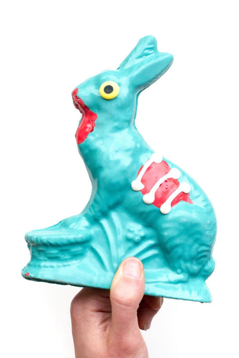 Handcrafted 7.5 oz white Chocolate Zombie Bunny with eerie details, perfect for spooky celebrations and Halloween parties.