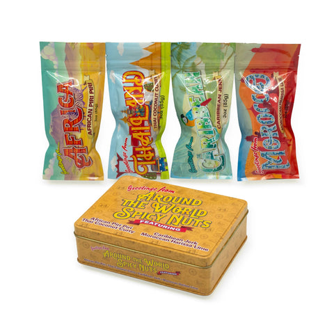 Around The World Spicy Nut Sampler – 4 Global Flavors in Gourmet Snack Pack | Perfect Culinary Gift for Food Lovers