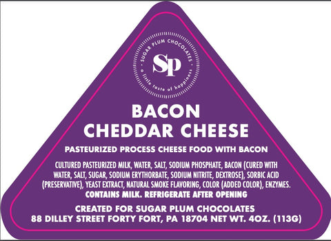 "Sugar Plum Bacon Cheddar Cheese label with ingredient list and branding details."
