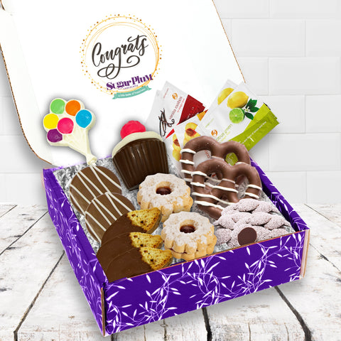 Gourmet chocolate and cookies gift box with biscotti, pretzels, and teas for milestone celebrations. Perfect congratulatory gift.