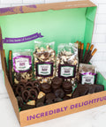Luxurious 42-piece Double Decadence Dark Chocolate Gift Box with handcrafted snacks, ideal for gifting and special occasions.