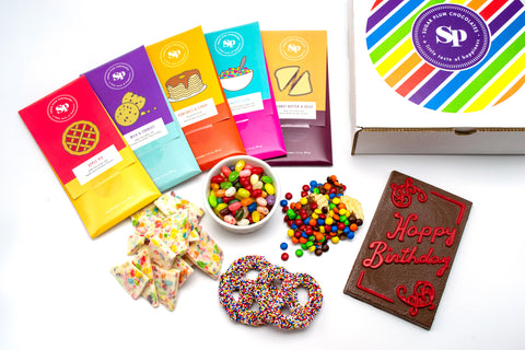 Deluxe Happy Birthday Gift Box with 10 Gourmet Snacks – Includes Nostalgic Chocolate Bars, Rainbow Gummies, Chocolate-Covered Pretzels & More – Perfect Birthday Gift