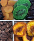 Gourmet dried fruit and nut tray with apricots, kiwis, dates, almonds, and peaches on a wooden platter.