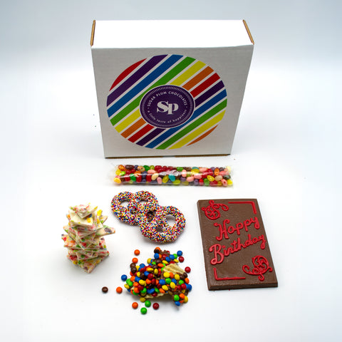 Happy Birthday Box – Fun & Colorful Birthday Gift with Chocolate Bar, Potato Chips & Pretzels | Perfect Birthday Treat