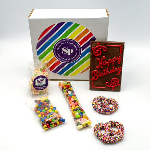 Happy Birthday Box – Fun & Colorful Birthday Gift with Chocolate Bar, Potato Chips & Pretzels | Perfect Birthday Treat