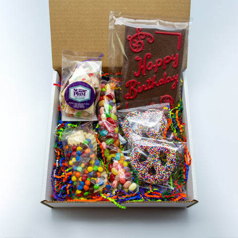 Happy Birthday Box – Fun & Colorful Birthday Gift with Chocolate Bar, Potato Chips & Pretzels | Perfect Birthday Treat