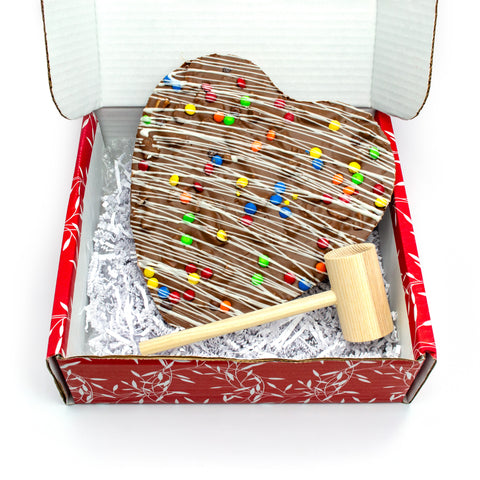 Chocolate Heart Smash with Wooden Mallet – Handcrafted by Sugar Plum | Gourmet Milk Chocolate with Pretzels, Cookies, & Candied Gems | 10% Proceeds to End Jew Hatred Movement