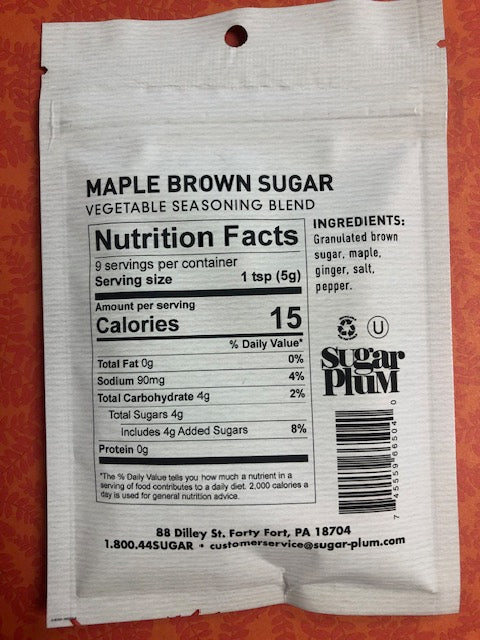 Maple Brown Sugar Vegetable Seasoning Pack with Nutrition Facts and Ingredients List