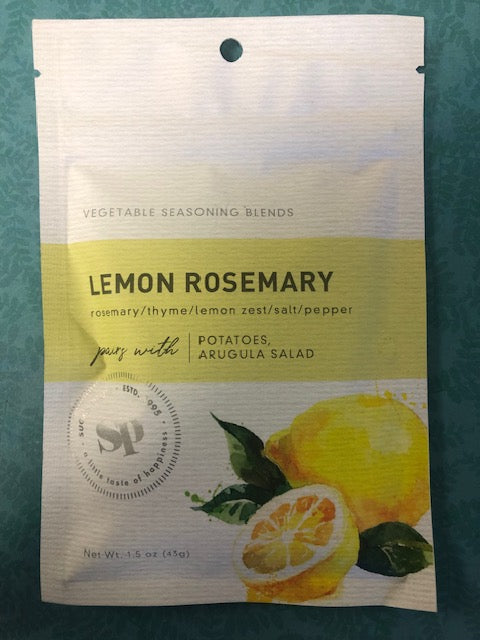 Lemon Rosemary Vegetable Seasoning Blends pack with citrus and herb imagery, perfect for potatoes and salads.