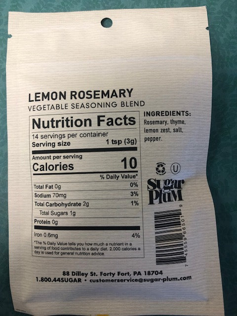 Back of Lemon Rosemary Vegetable Seasoning Blend packet showing nutrition facts and ingredients.