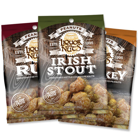 Beer & Bourbon Flavored Peanuts 3-Pack Sampler featuring Irish Stout, Rum, and Whiskey flavors in vibrant packaging.