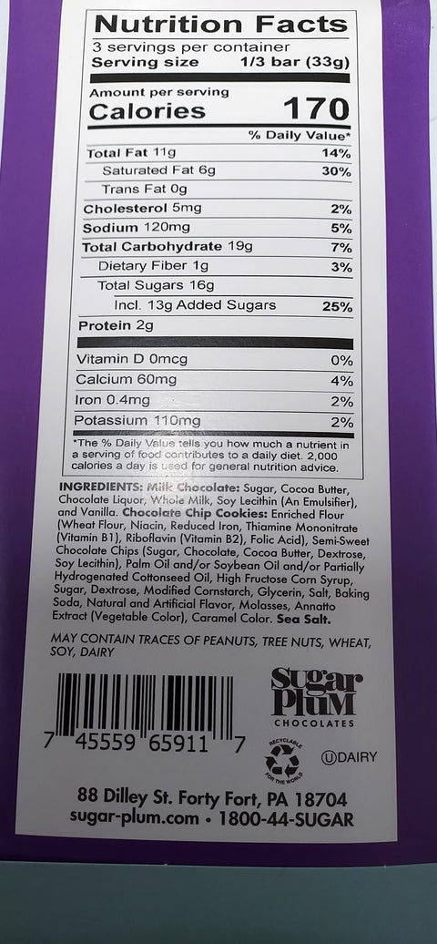 Nutrition facts label of Sugar Plum Nostalgic Chocolate Bars, detailing calorie count, ingredients, and allergy information.