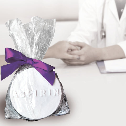 White chocolate aspirin gift with purple bow for Nurse and Doctor Appreciation Day