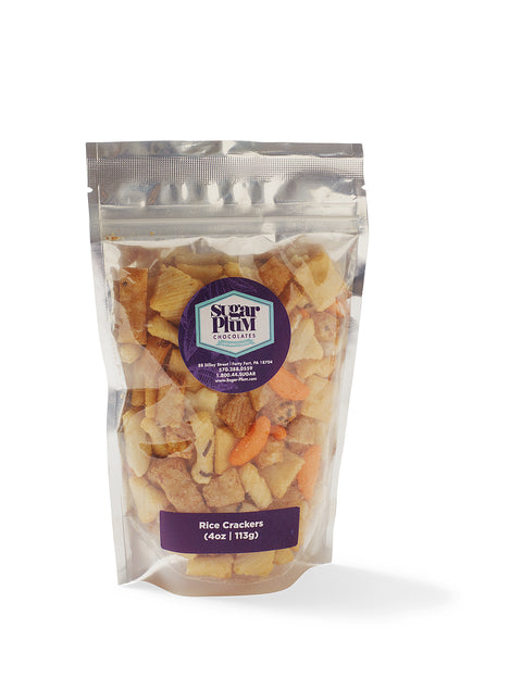Bag of Sugar Plum rice crackers from the Comfort Box gourmet snacks care package.