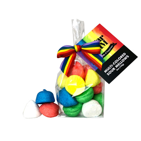 Bag of colorful, disc-shaped sour marshmallows with rainbow ribbon, perfect for gifting and snacking.