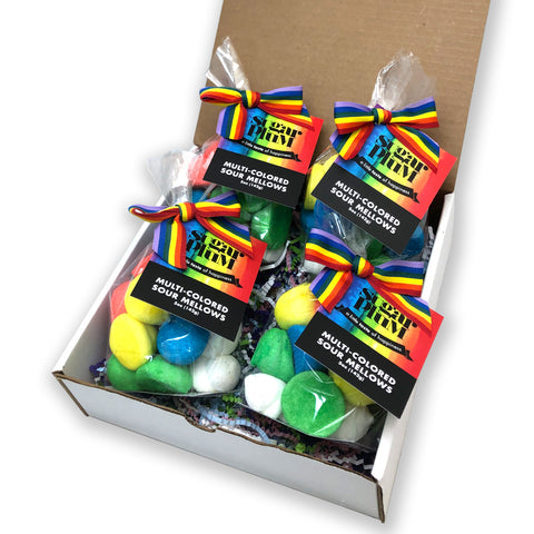 Four bags of colorful sour marshmallows with rainbow bows in an open box, perfect for gifting and snacking.