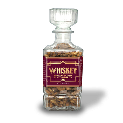 Whiskey Old-Fashioned Flavored Nuts in Glass Decanter, gourmet snack for whiskey lovers, exclusive Damn Man Black Label gift.