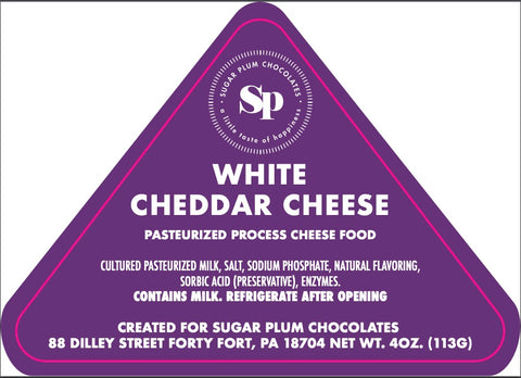 Sugar Plum Chocolates White Cheddar Cheese label with ingredients and storage instructions.