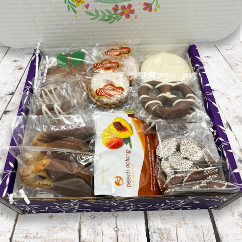 Get Well Soon Box with chocolate treats, cookies, pretzels, and teas for recovery and comfort
