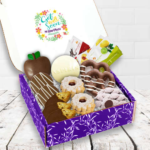 Get Well Soon Box with chocolate treats, cookies, pretzels, and teas in a purple gift box for recovery and comfort.