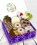 Get Well Soon Box with chocolate treats, cookies, pretzels, and teas in a purple gift box for recovery and comfort.