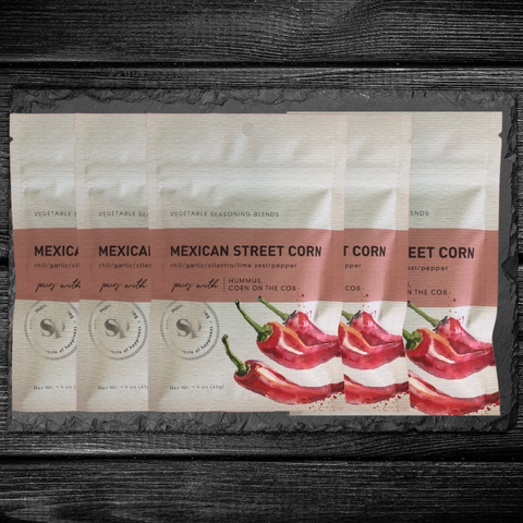 Mexican Street Corn Vegetable Seasoning 5-pack with chili, lime, garlic. Spice blend for corn on the cob and hummus.