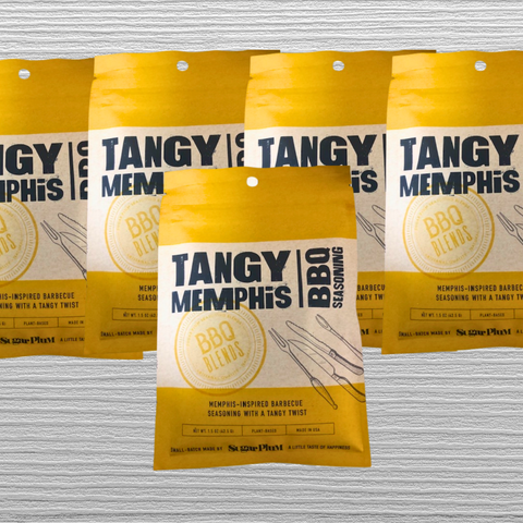 Five packs of Tangy Memphis BBQ Seasoning by Sugar Plum, ideal for enhancing pork ribs, pulled pork, and brisket flavors.