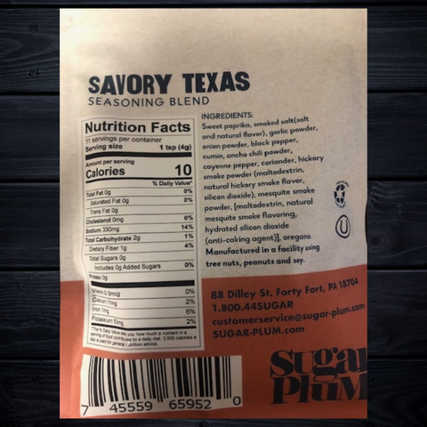 Savory Texas BBQ Seasoning label with ingredients and nutritional information from Sugar Plum.