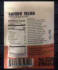 Savory Texas BBQ Seasoning label with ingredients and nutritional information from Sugar Plum.