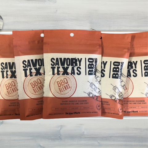 Savory Texas BBQ Seasoning 5-pack by Sugar Plum, featuring bold spice blend packaging for grilling and smoking meats.