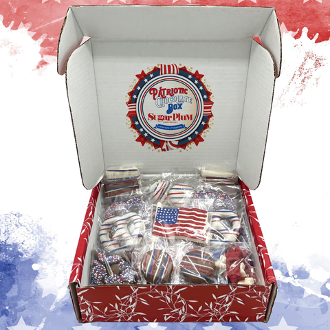 Patriotic Chocolate Box with red, white, and blue chocolates for American holidays by Sugar Plum, open box with festive treats.