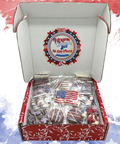 Patriotic Chocolate Box with red, white, and blue chocolates for American holidays by Sugar Plum, open box with festive treats.