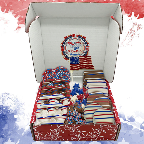 Patriotic Chocolate Box with assorted red, white, and blue chocolates for Independence Day and Veterans Day celebrations.